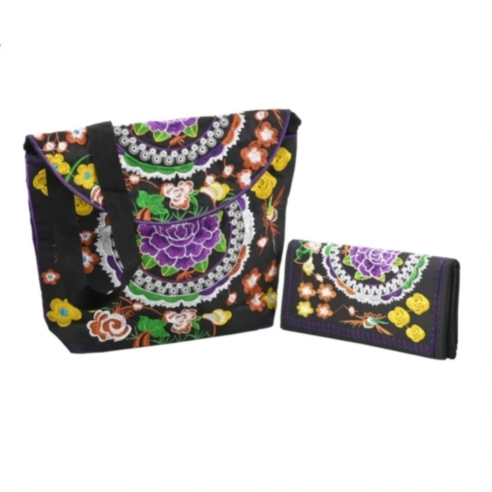 Floral Embroidery Boho Sling Bag & Wallet Set Colorful Polyester Crossbod Purse